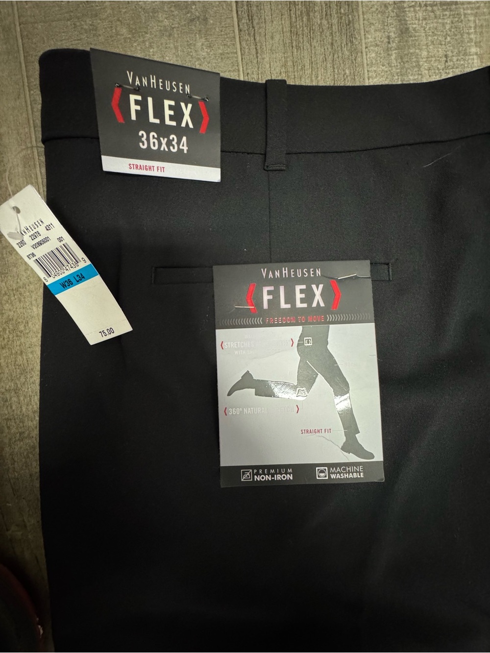 Van Heusen Flex Men’s Dress Pants Black 36x34 Stretch Flat Front Business Slacks